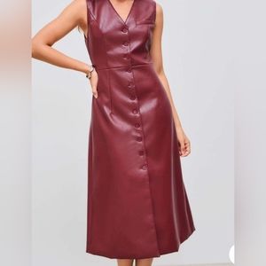 Elegant Burgundy Button-Down Dress Faux Leather